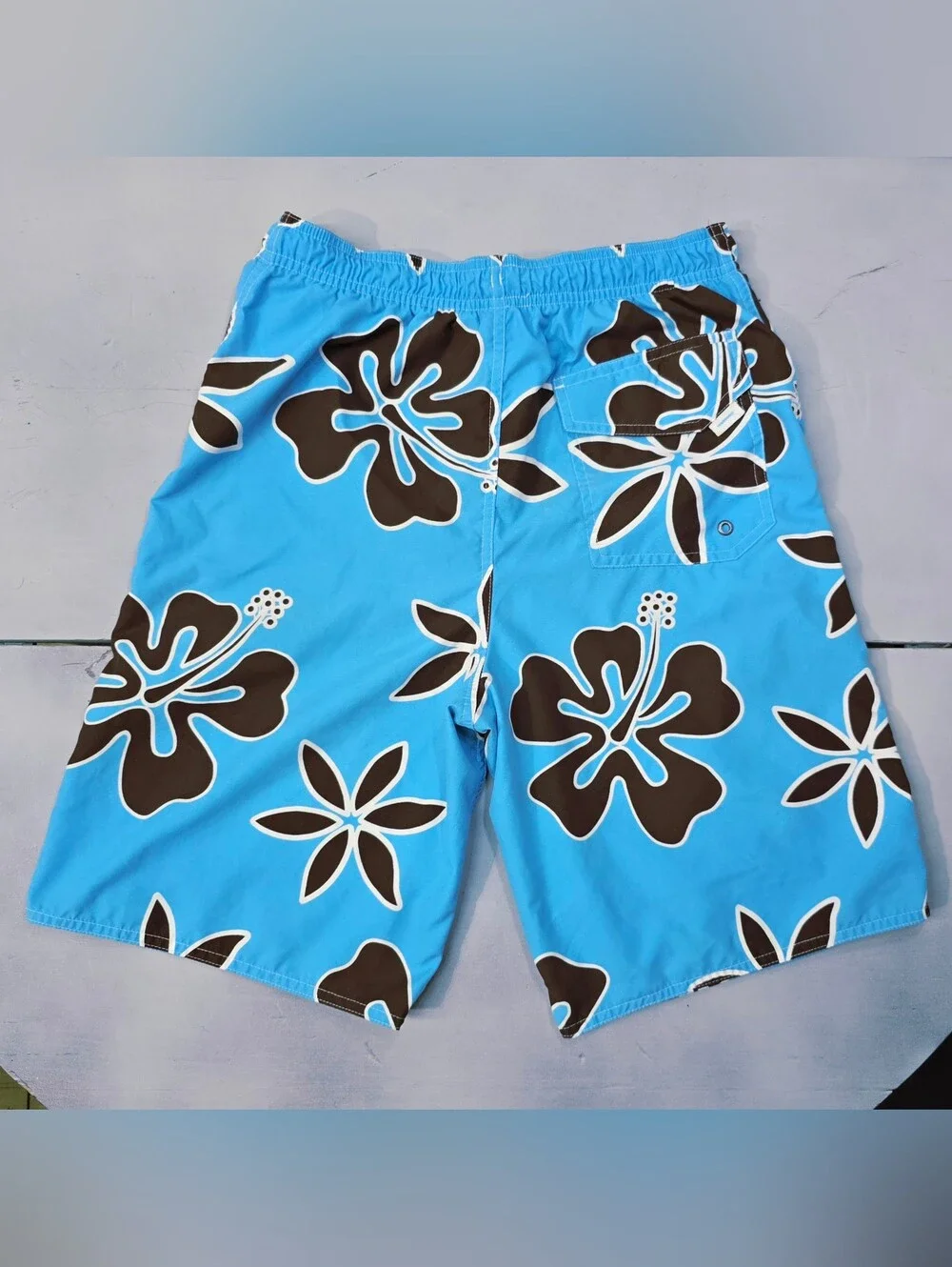 Vtg Y2K Hawaiian Hibiscus Board Shorts Swim Trunks Sky Blue Brown Youth Large